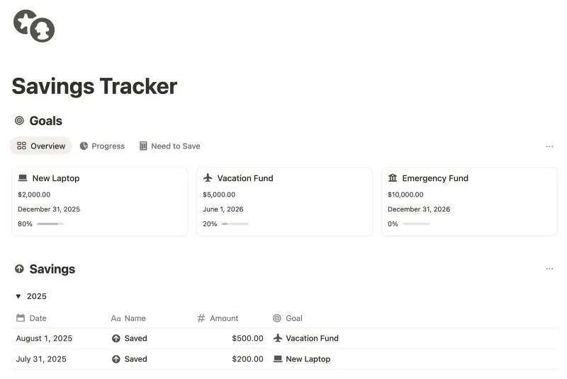 Savings Tracker Notion template preview
