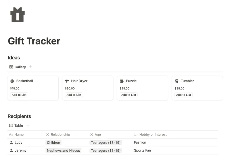 Gift Tracker Notion template preview