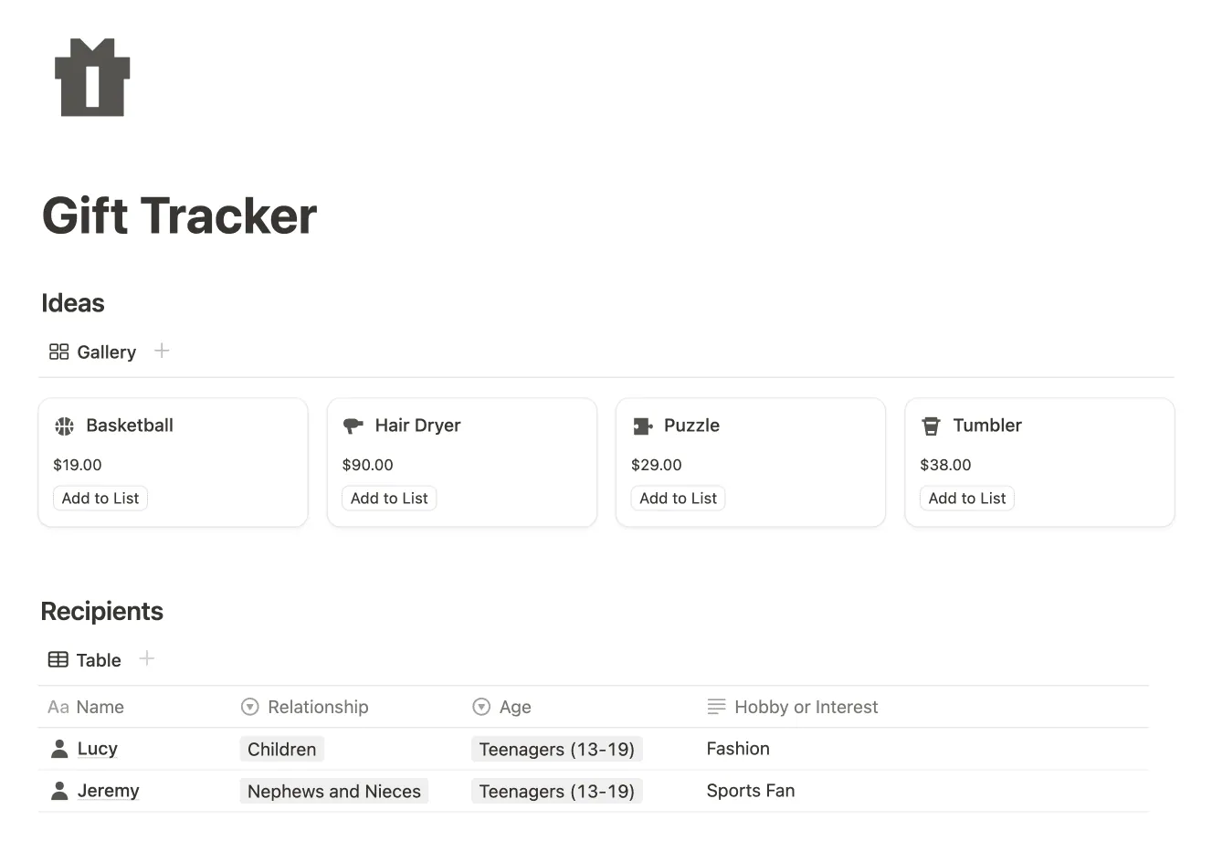 Gift Tracker preview