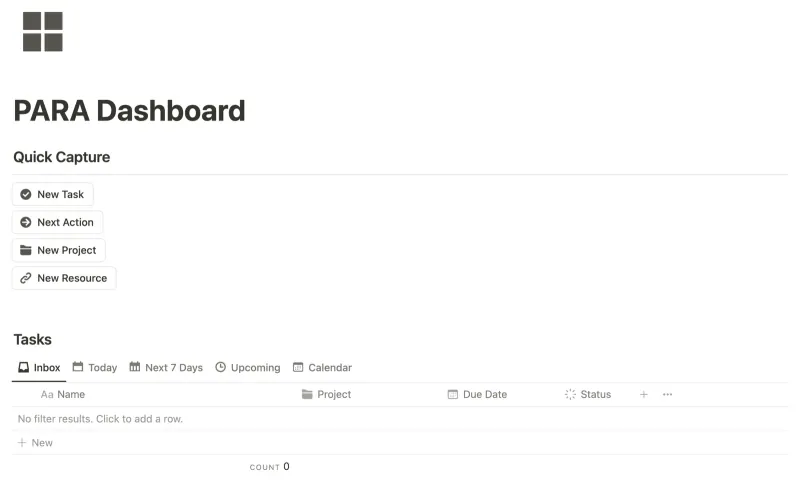 PARA Dashboard Notion template preview