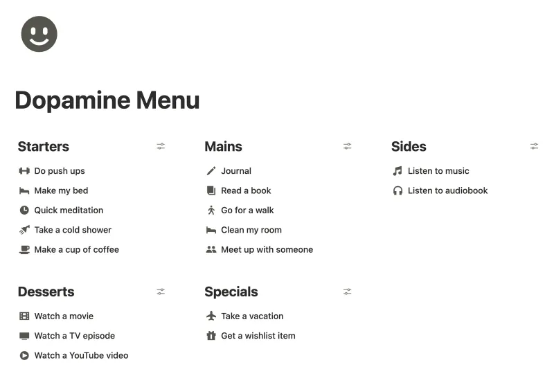Dopamine Menu Notion template preview