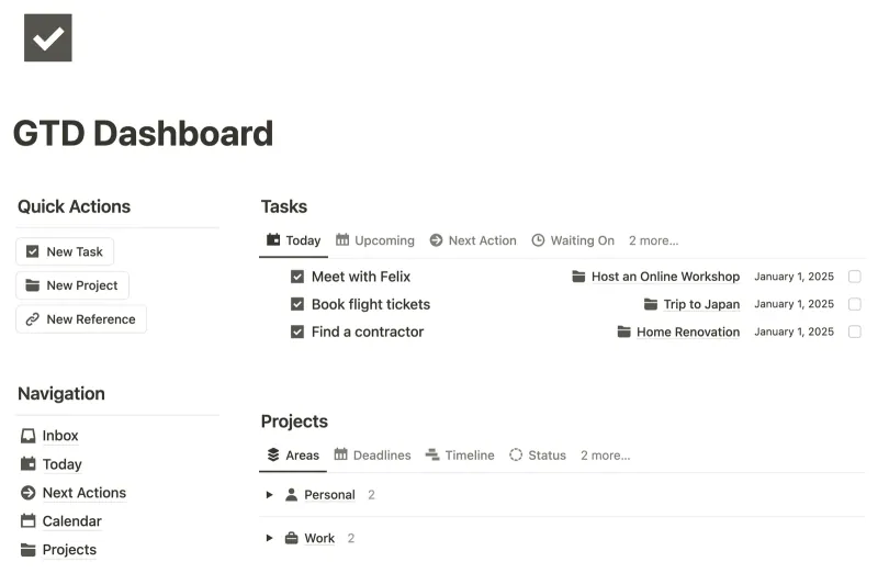 GTD Dashboard Notion template preview