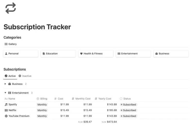 Subscription Tracker Notion template preview