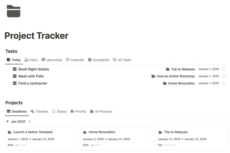 Project Tracker Notion template preview