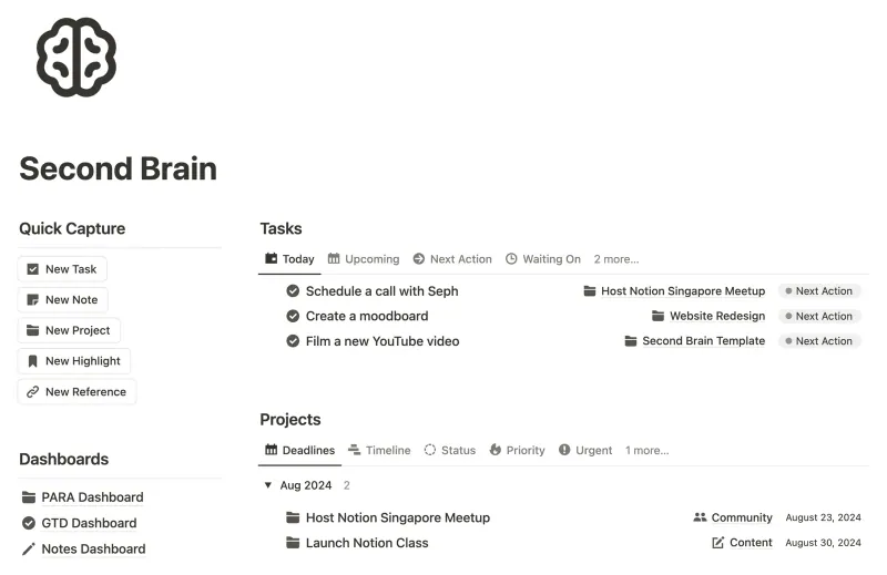Second Brain Notion template preview