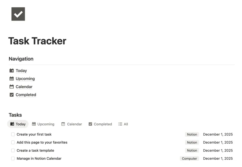 Task Tracker Notion template preview