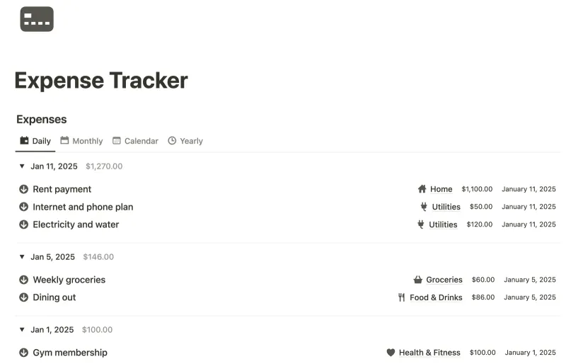 Expense Tracker Notion template preview