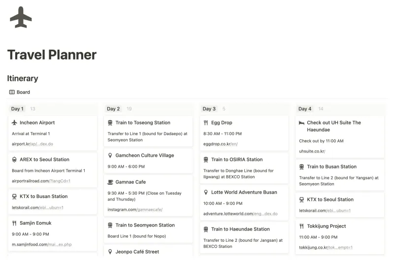 Travel Planner Notion template preview