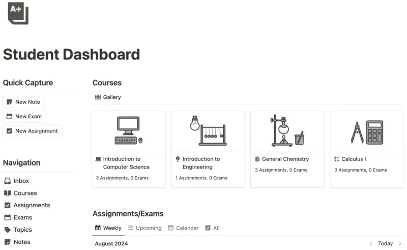 Student Dashboard Notion template preview
