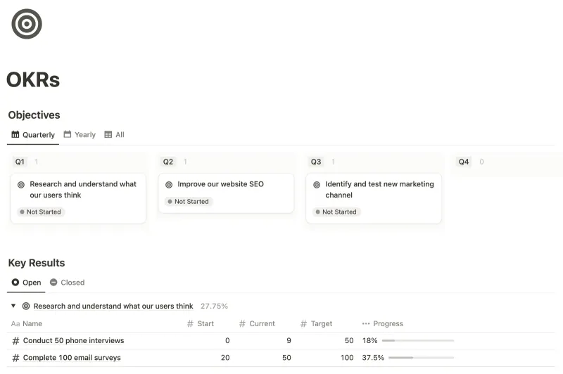 OKRs Tracker Notion template preview