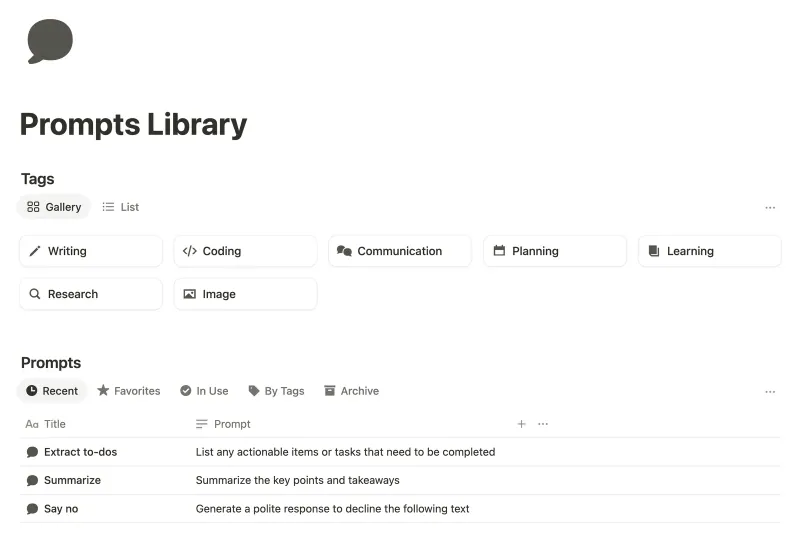 Prompts Library Notion template preview