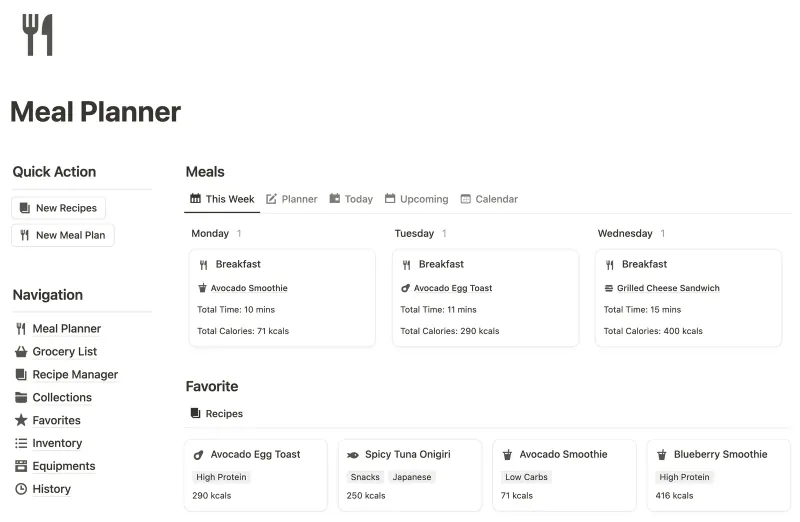 All-In-One Meal Planner Notion template preview