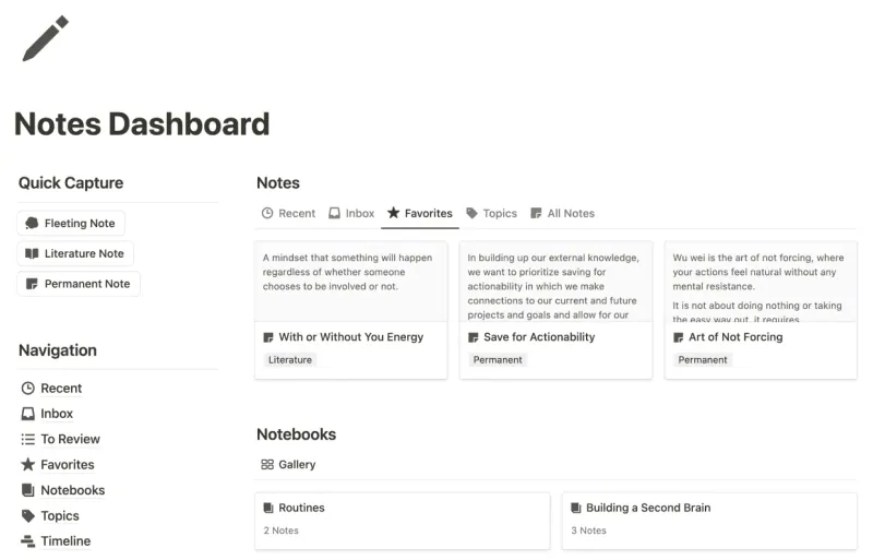 Notes Dashboard Notion template preview